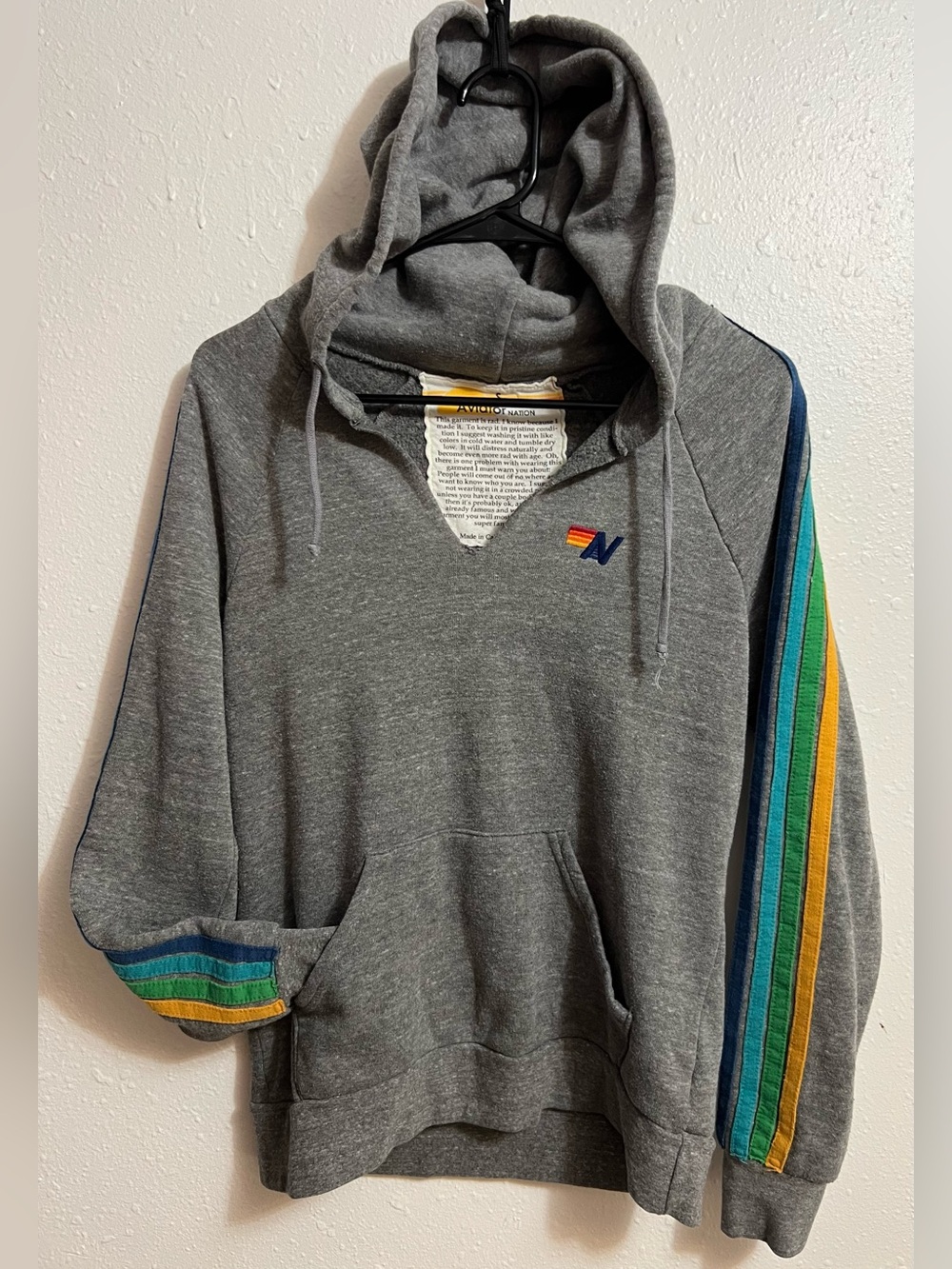 Aviator Nation Grey Hoodie with Blue, Teal, Green and Yellow Stripes